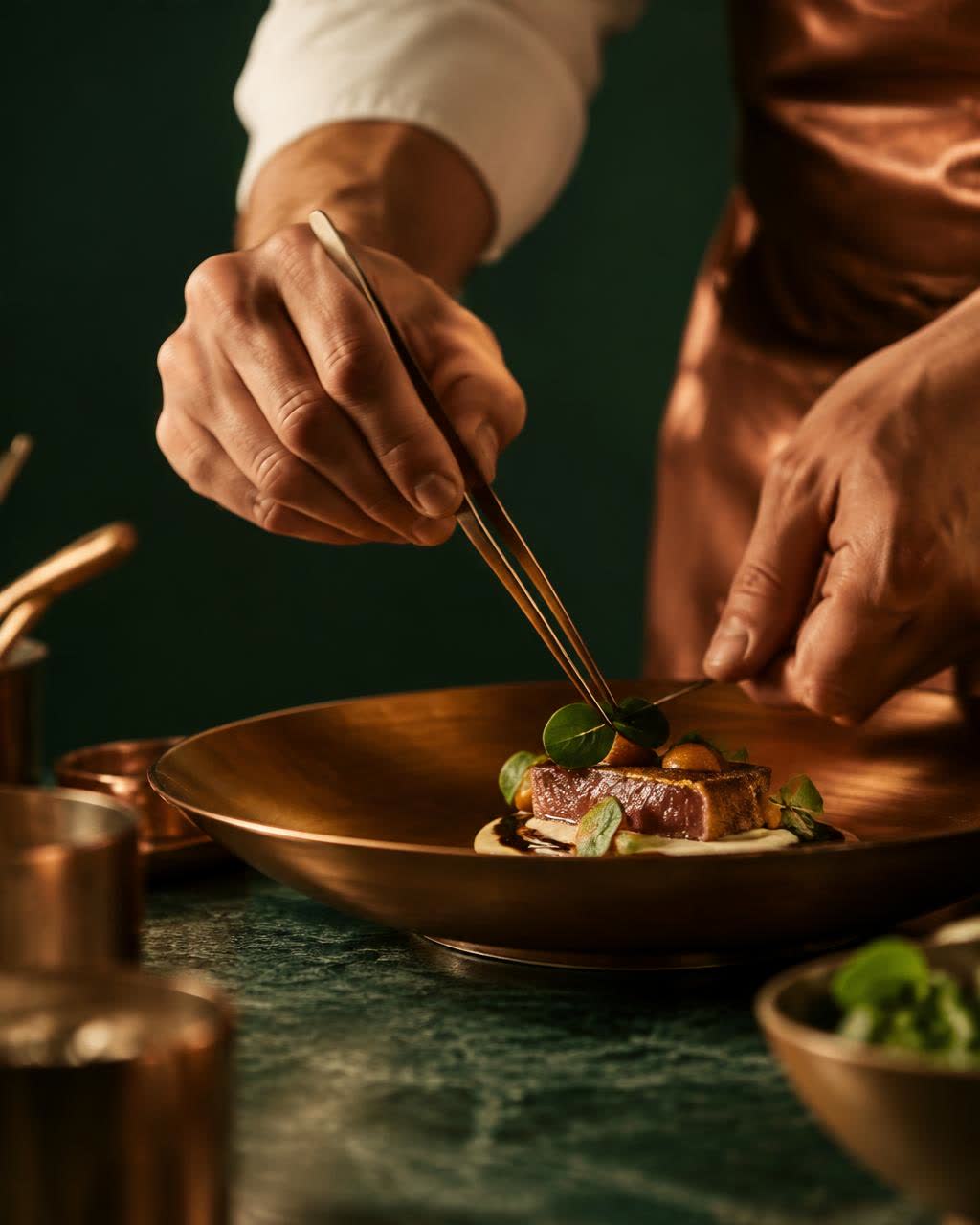 Gestes d’un chef dressant une assiette