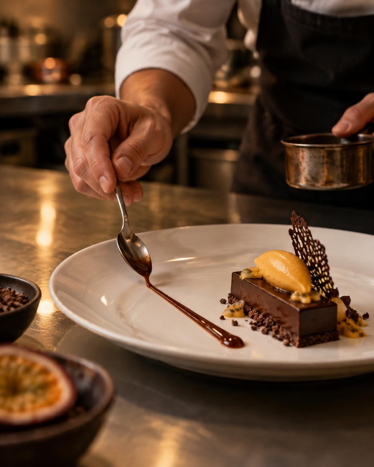 Geste de chef traçant une ligne de sauce au cacao — image d’ambiance
