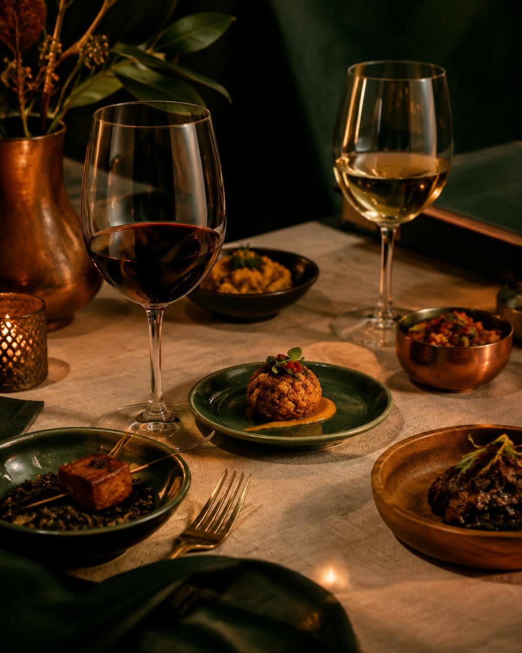 Verres de vin et bouchées sur une table de lin